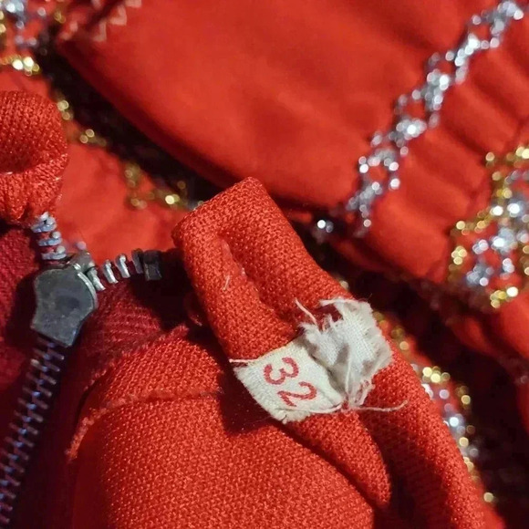 Vintage 60s bright red, gold, and silver babydoll long bell-sleeved maxi dress - Picture 12 of 15